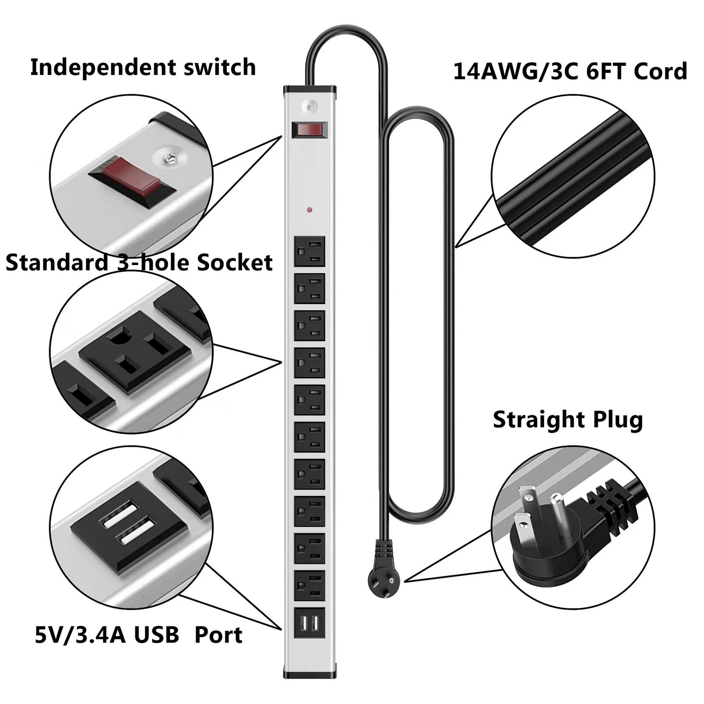 10 Outlet Metal Socket with USB port