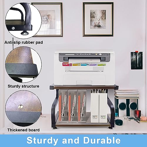 URLINE Printer Stand with Storage 2 Tier Desktop Shelf Printer Table Organizer Anti-Slip Heavy Duty Modern Wooden Shelf for Office Home,Rustic Brown