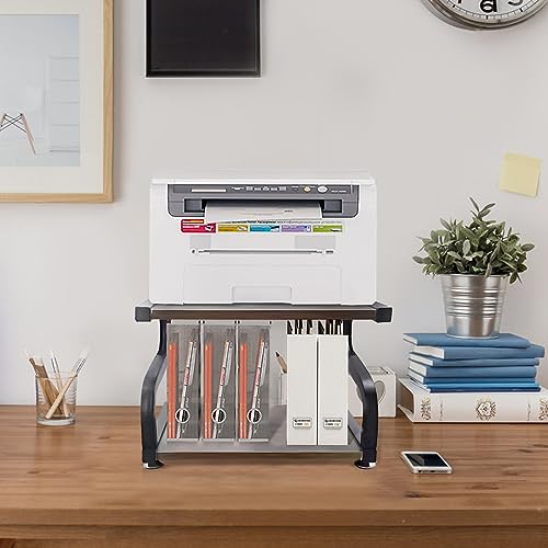 URLINE Printer Stand with Storage 2 Tier Desktop Shelf Printer Table Organizer Anti-Slip Heavy Duty Modern Wooden Shelf for Office Home,Rustic Brown