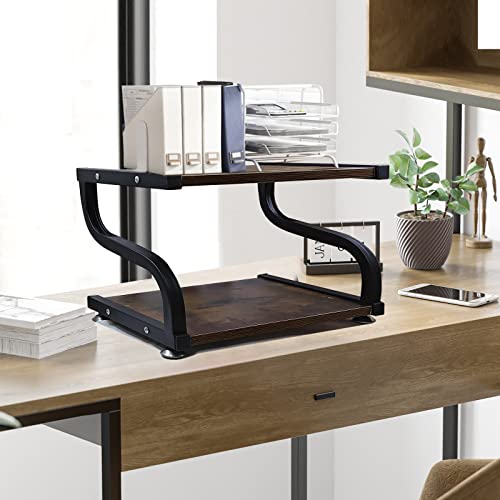 URLINE Printer Stand with Storage 2 Tier Desktop Shelf Printer Table Organizer Anti-Slip Heavy Duty Modern Wooden Shelf for Office Home,Rustic Brown