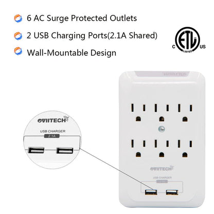 Wall Mount Outlet Adapter 6 AC/2 Pack