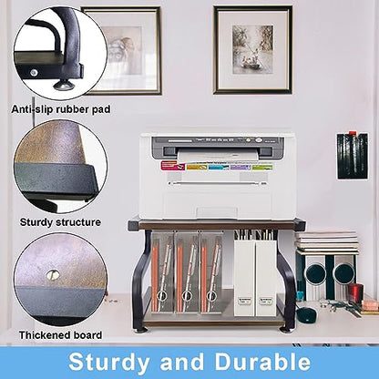 URLINE Printer Stand with Storage 2 Tier Desktop Shelf Printer Table Organizer Anti-Slip Heavy Duty Modern Wooden Shelf for Office Home,Rustic Brown